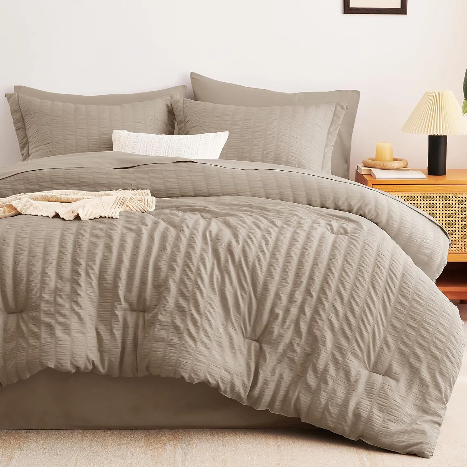 CozyLux Queen Seersucker Comforter Set with Khaki Bed in a Bag 7-Pieces All Season Bedding Sets with Comforter, Pillow Sham, Flat Sheet, Fitted Sheet, Pillowcase