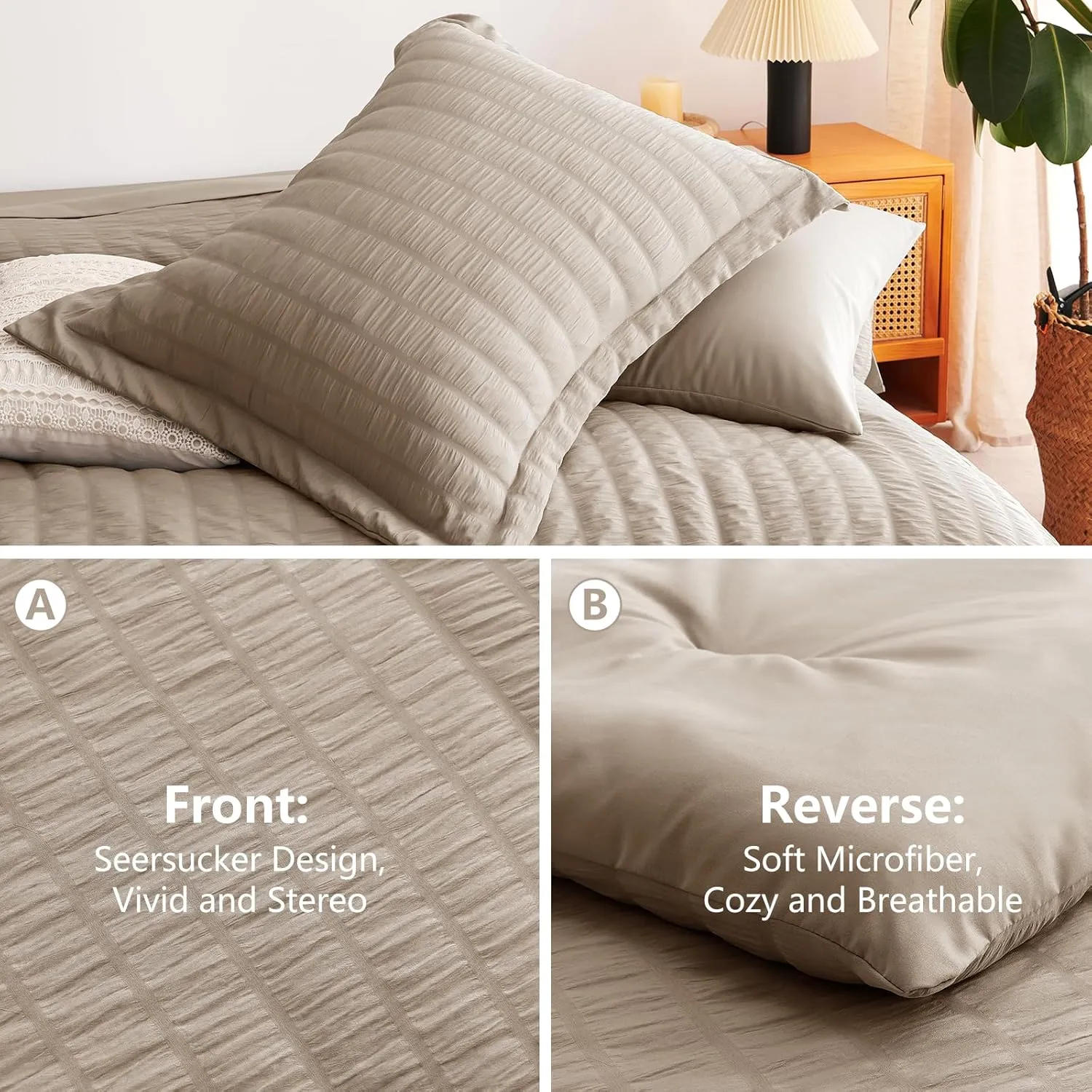 CozyLux Queen Seersucker Comforter Set with Khaki Bed in a Bag 7-Pieces All Season Bedding Sets with Comforter, Pillow Sham, Flat Sheet, Fitted Sheet, Pillowcase