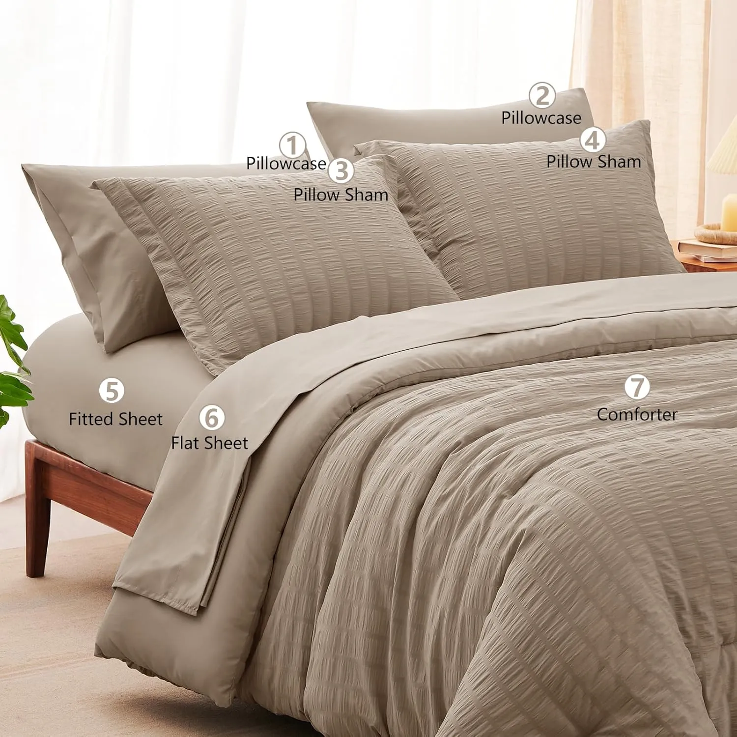 CozyLux Queen Seersucker Comforter Set with Khaki Bed in a Bag 7-Pieces All Season Bedding Sets with Comforter, Pillow Sham, Flat Sheet, Fitted Sheet, Pillowcase