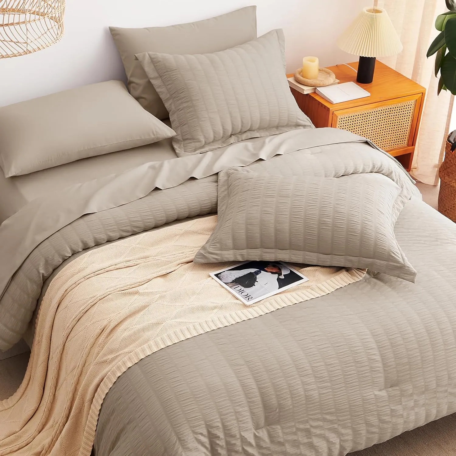 CozyLux Queen Seersucker Comforter Set with Khaki Bed in a Bag 7-Pieces All Season Bedding Sets with Comforter, Pillow Sham, Flat Sheet, Fitted Sheet, Pillowcase
