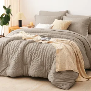 CozyLux Queen Seersucker Comforter Set with Khaki Bed in a Bag 7-Pieces All Season Bedding Sets with Comforter, Pillow Sham, Flat Sheet, Fitted Sheet, Pillowcase