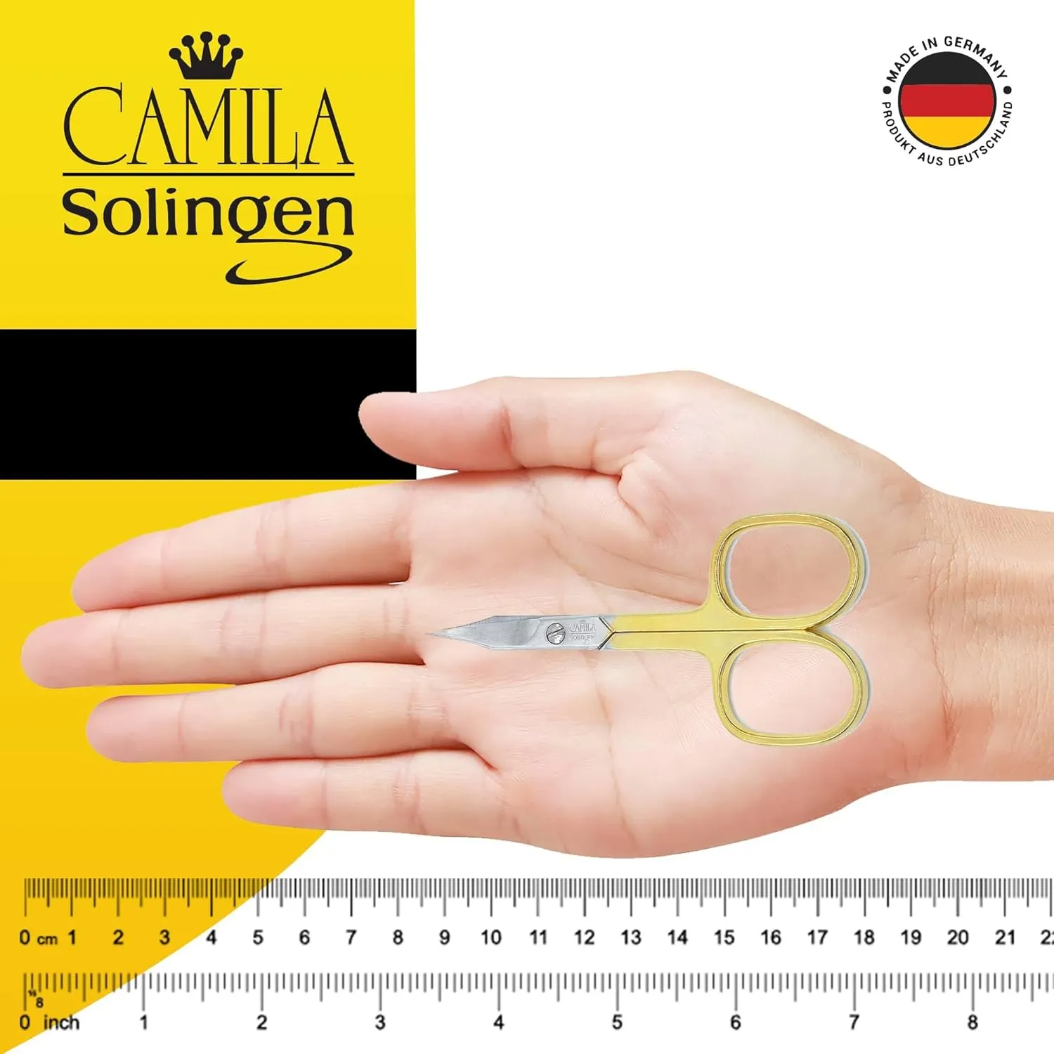 CS03 Professional Nail Cuticle Scissors, Hypoallergenic Gold Plated Sharp Curved Manicure Pedicure Grooming for Finger and Toe Nail Care. Made of Stainless Steel in Solingen, Germany