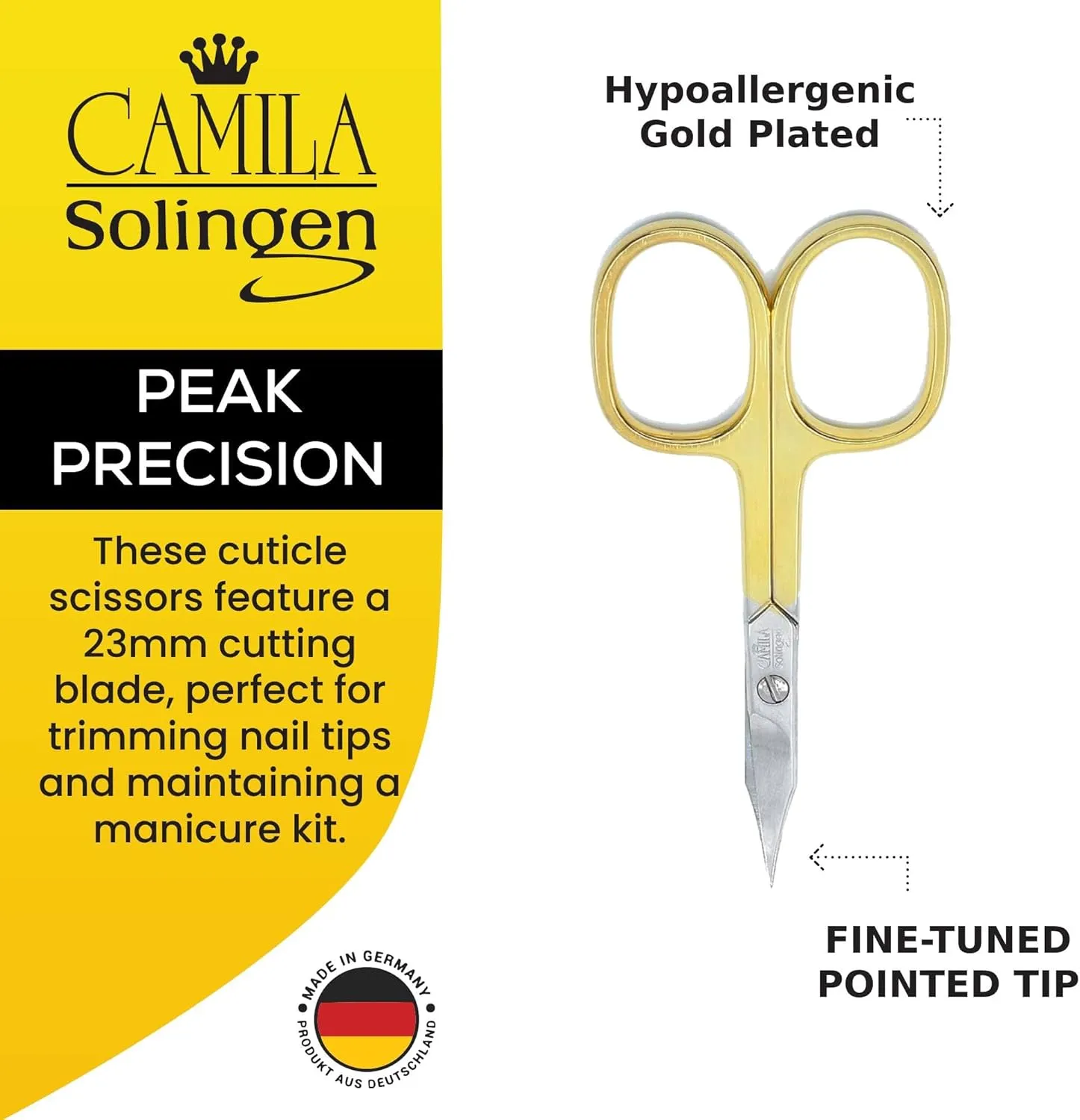 CS03 Professional Nail Cuticle Scissors, Hypoallergenic Gold Plated Sharp Curved Manicure Pedicure Grooming for Finger and Toe Nail Care. Made of Stainless Steel in Solingen, Germany