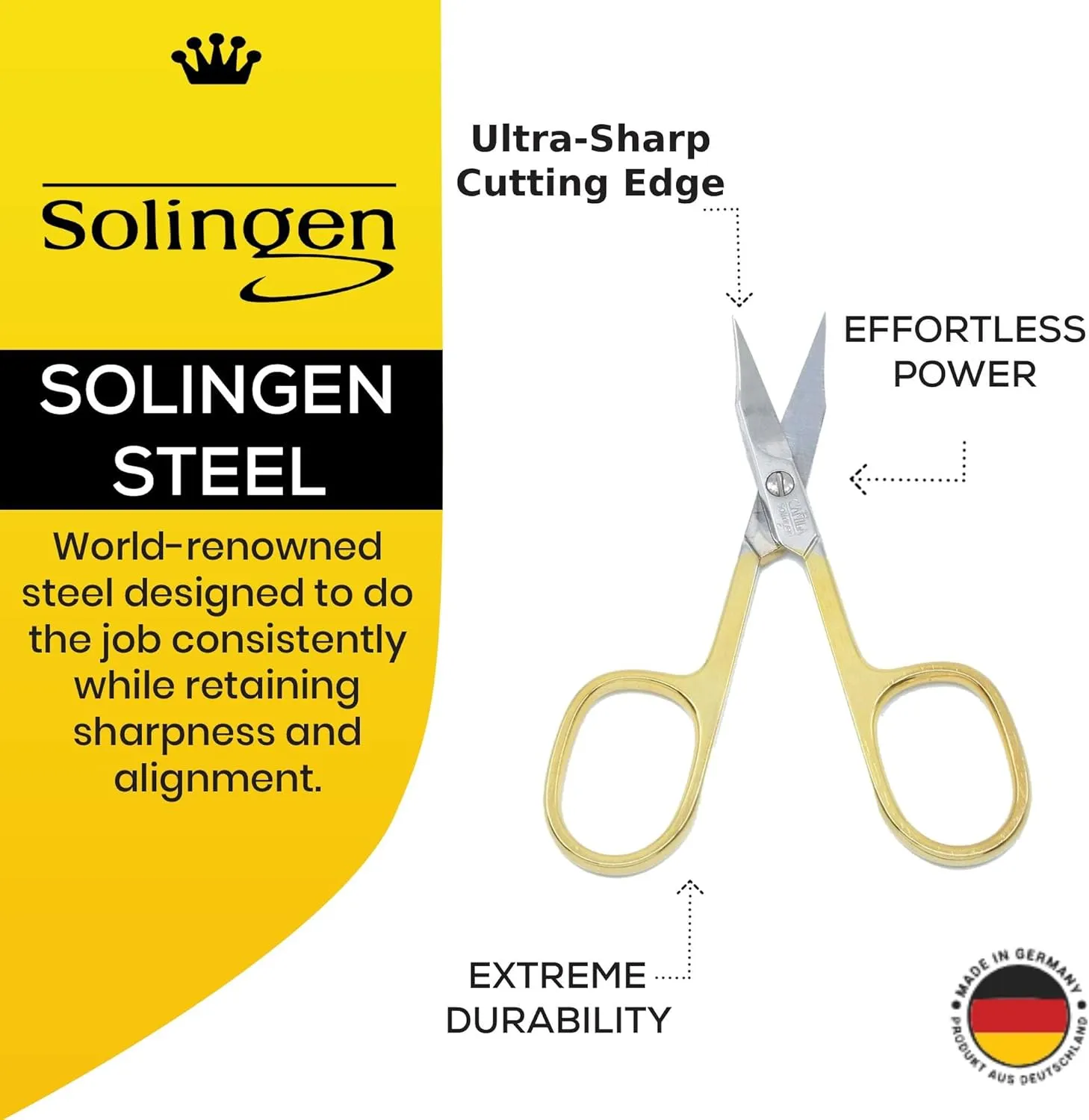 CS03 Professional Nail Cuticle Scissors, Hypoallergenic Gold Plated Sharp Curved Manicure Pedicure Grooming for Finger and Toe Nail Care. Made of Stainless Steel in Solingen, Germany