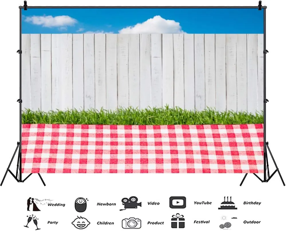 CSFOTO 10x6.5ft Outdoor Picnic Scene Backdrop Picnic Backdrop Natural Scenery Photography Backdrop Grassland Picnic Blanket Wood Fence Family Event Decor Banner Kids Photo Studio Props