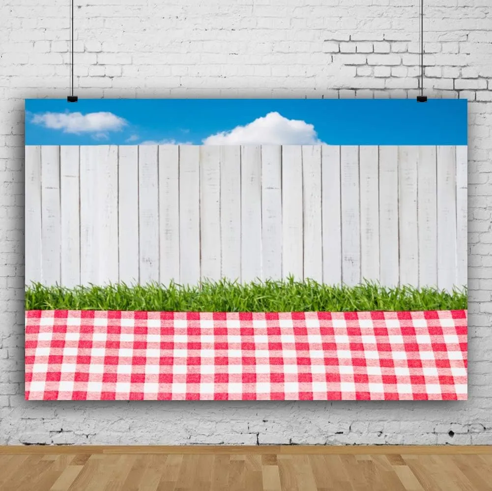 CSFOTO 10x6.5ft Outdoor Picnic Scene Backdrop Picnic Backdrop Natural Scenery Photography Backdrop Grassland Picnic Blanket Wood Fence Family Event Decor Banner Kids Photo Studio Props