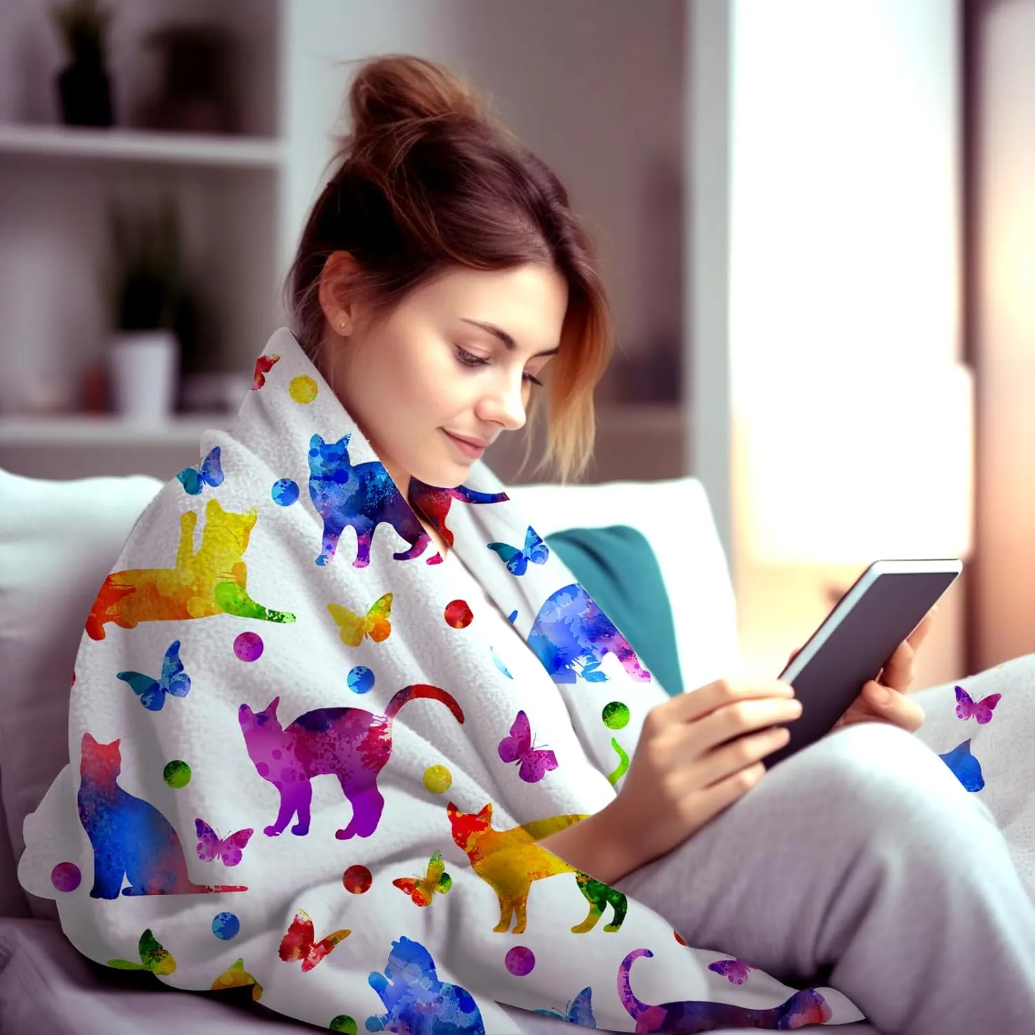 Cute Cat Blanket Super Soft Flannel Throw Blanket Bedding Cat Gifts for Cat Lover Woman Kids Adults 60"x50"