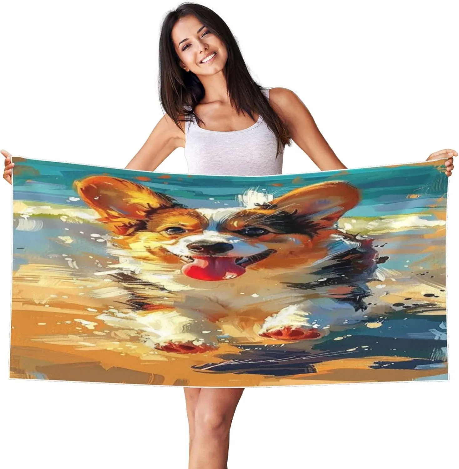 Cute Corgi Pattern Beach Towel 27.5" X 55" Lightweight Beach Towel Quick Dry Blanket for Vacation Essentials Gift