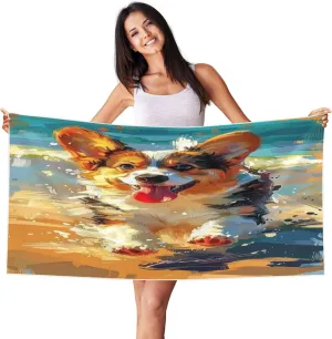 Cute Corgi Pattern Beach Towel 27.5" X 55" Lightweight Beach Towel Quick Dry Blanket for Vacation Essentials Gift