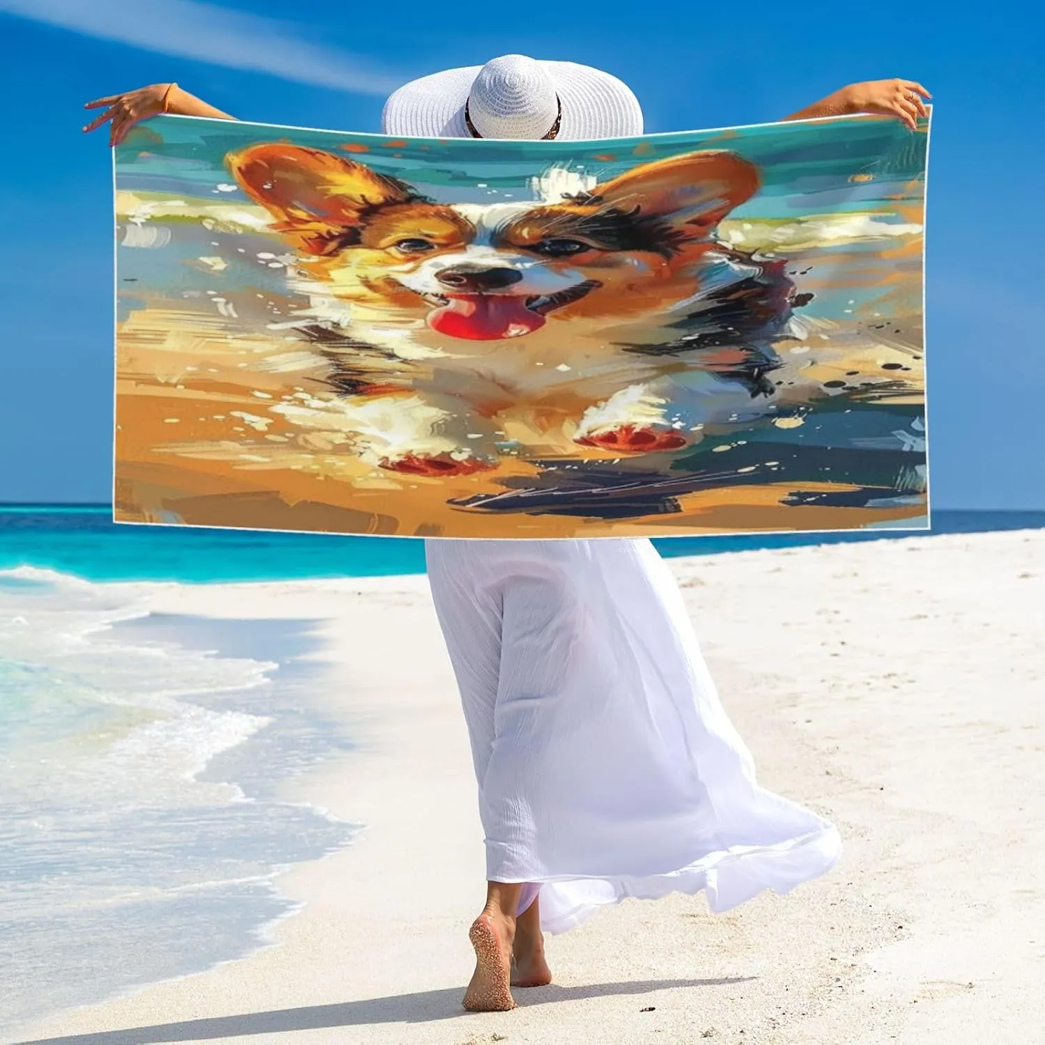 Cute Corgi Pattern Beach Towel 27.5" X 55" Lightweight Beach Towel Quick Dry Blanket for Vacation Essentials Gift