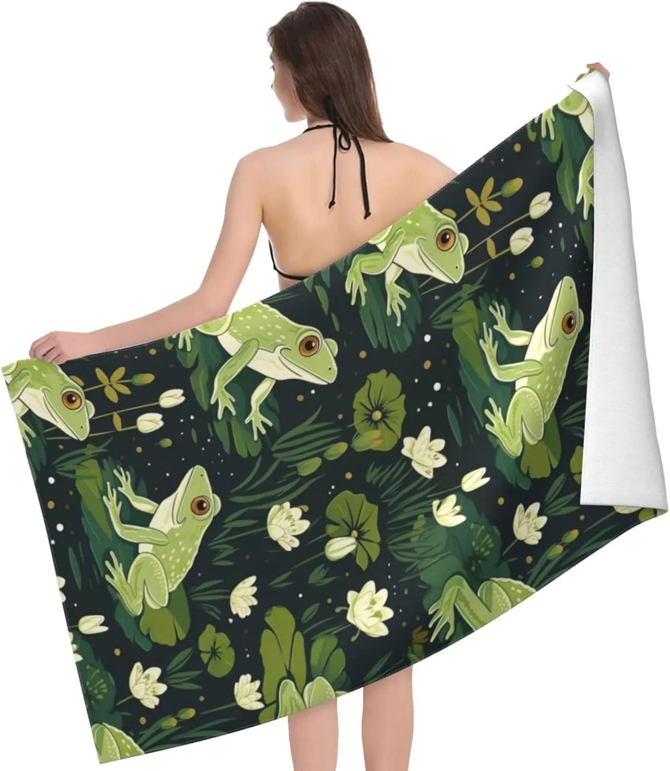 Cute Frog Beach Towel,32x52in,Quick-Dry Sand-Free Forest Bath Towels,Microfiber Lightweight for Travel Pool Yoga Beach Outdoor Activities Decor Accessories Gifts (Lotus Leaf Frog)