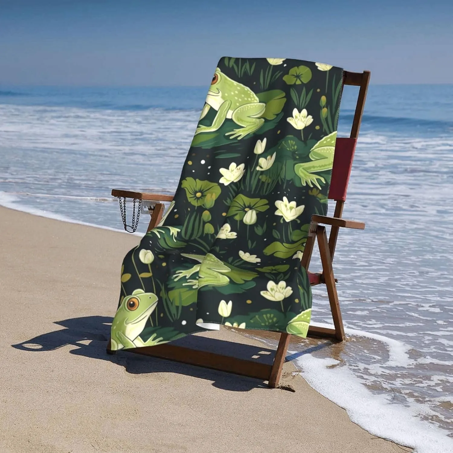 Cute Frog Beach Towel,32x52in,Quick-Dry Sand-Free Forest Bath Towels,Microfiber Lightweight for Travel Pool Yoga Beach Outdoor Activities Decor Accessories Gifts (Lotus Leaf Frog)