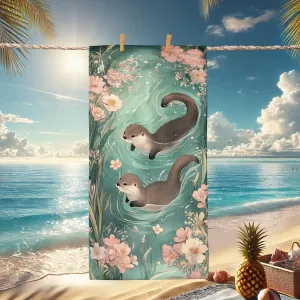 Cute Otter Microfiber Beach Towel Teal Watercolor Design Quick Dry Absorbent Soft Lightweight Sand Free Beach Blanket, Summer Vacation Pool Picnic Essentials 62x31 Inch