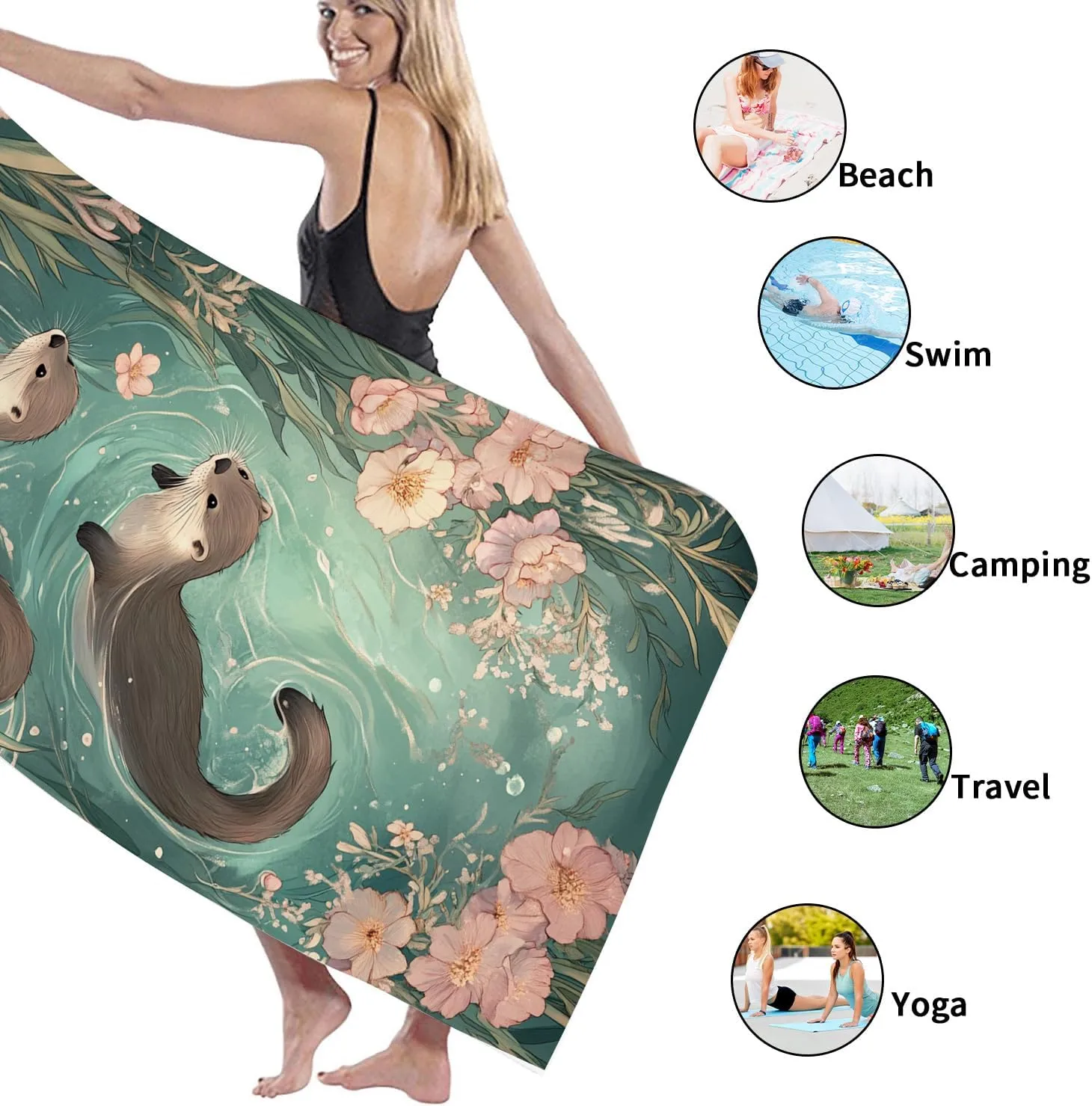Cute Otter Microfiber Beach Towel Teal Watercolor Design Quick Dry Absorbent Soft Lightweight Sand Free Beach Blanket, Summer Vacation Pool Picnic Essentials 62x31 Inch
