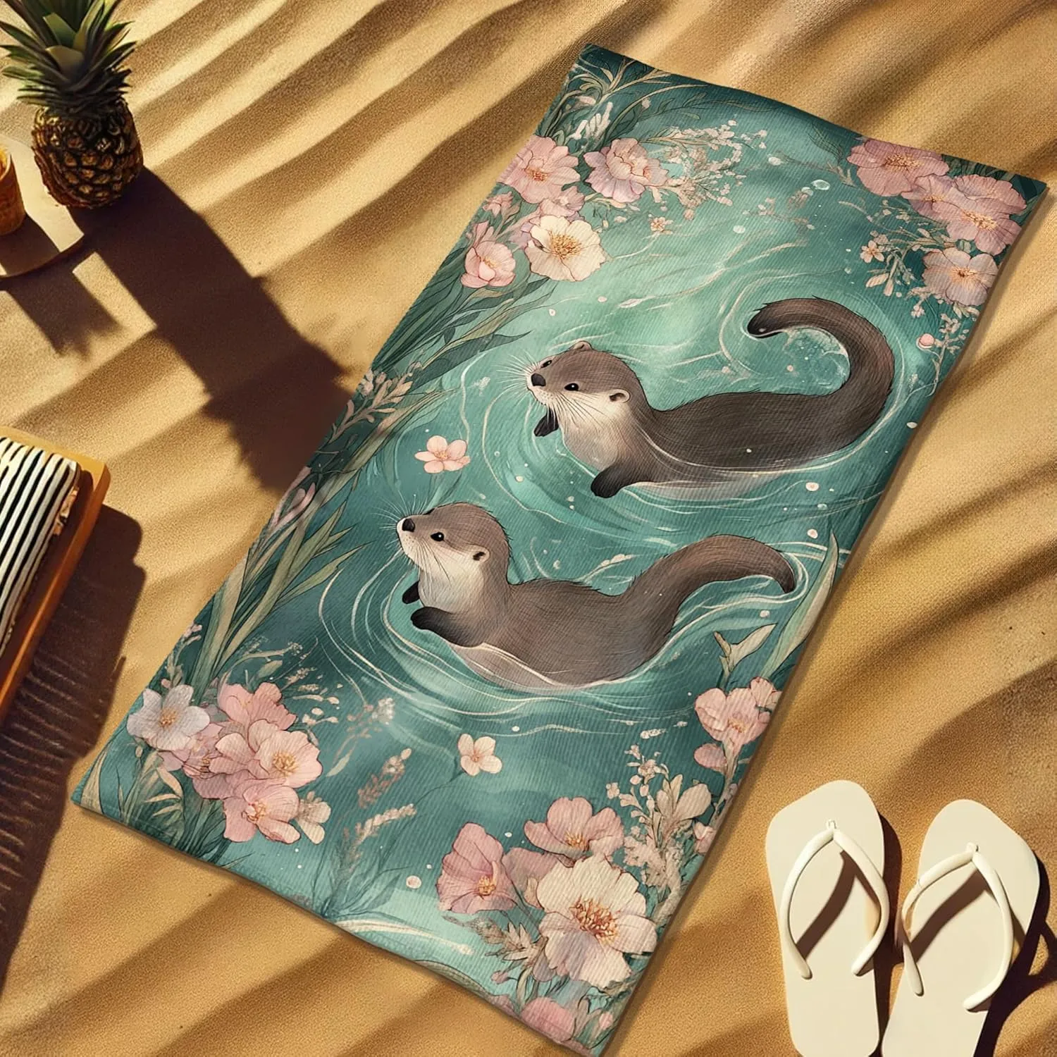 Cute Otter Microfiber Beach Towel Teal Watercolor Design Quick Dry Absorbent Soft Lightweight Sand Free Beach Blanket, Summer Vacation Pool Picnic Essentials 62x31 Inch