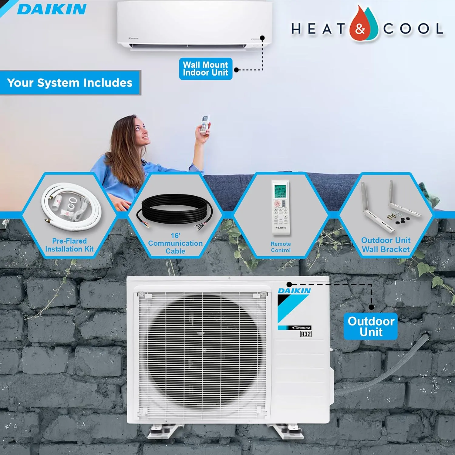 Daikin 18,000 BTU 18 SEER2 Entra R32 Series Ductless Mini Split Heat Pump System w/Maxwell All-Inclusive 15’ Installation Kit and Wall Mounting Bracket (230V)