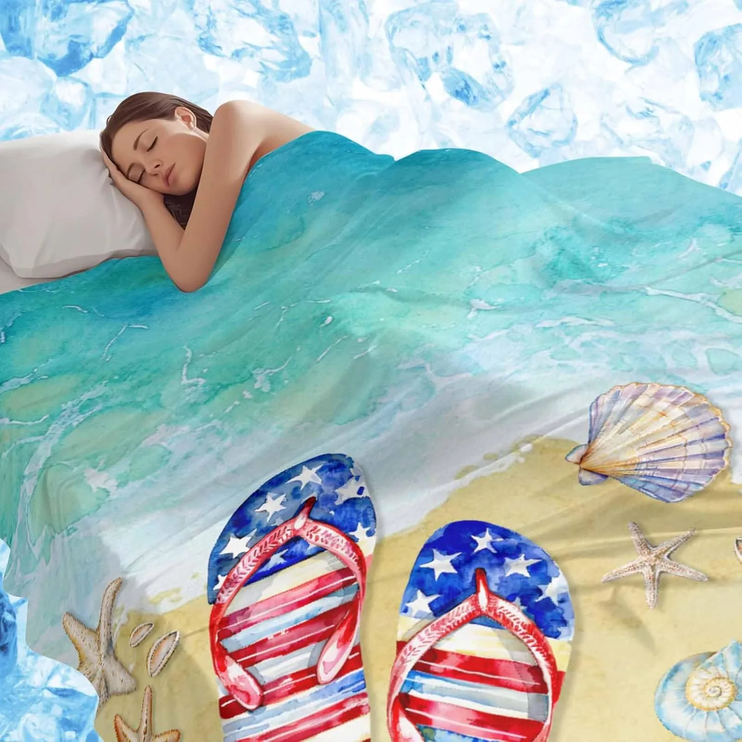 DecorLovee Cooling Blanket for Hot Sleepers, Teal Coastal Slippers Lightweight Ice Blanket for Night Sweats, Summer Beach Shell Seaside Summer Cooling Throw Blankets for Bed/Sofa/Travel 30"x40"
