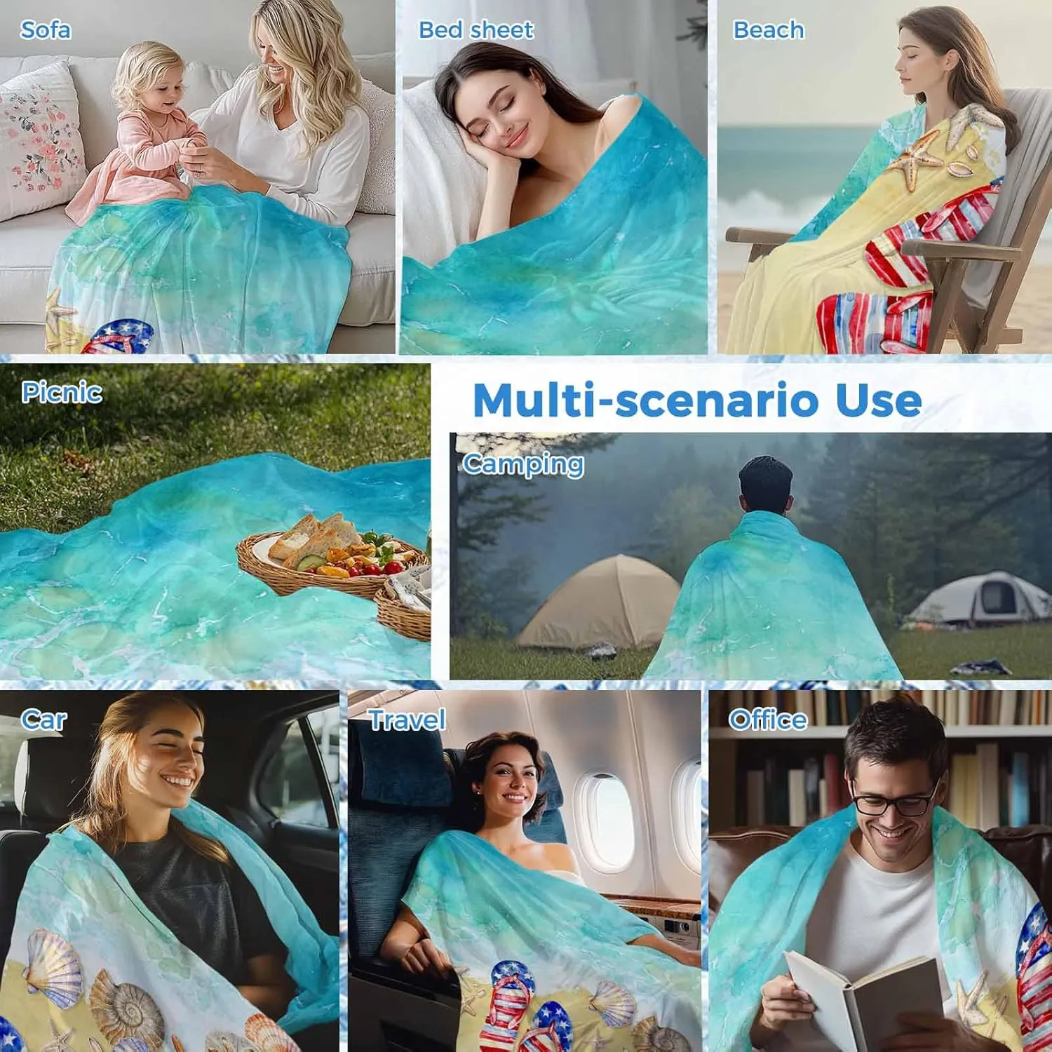 DecorLovee Cooling Blanket for Hot Sleepers, Teal Coastal Slippers Lightweight Ice Blanket for Night Sweats, Summer Beach Shell Seaside Summer Cooling Throw Blankets for Bed/Sofa/Travel 30"x40"