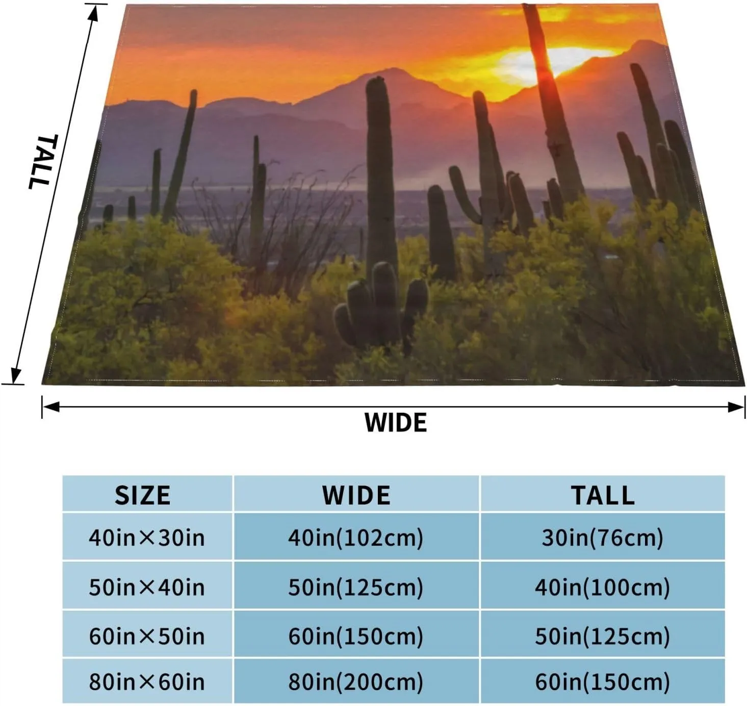 Desert Cactus Sunset, Arizona Light 60"X50" Flannel Blanket - 100% Soft Polyester, Lightweight and Warm, Suitable for Families, Camping, Travel