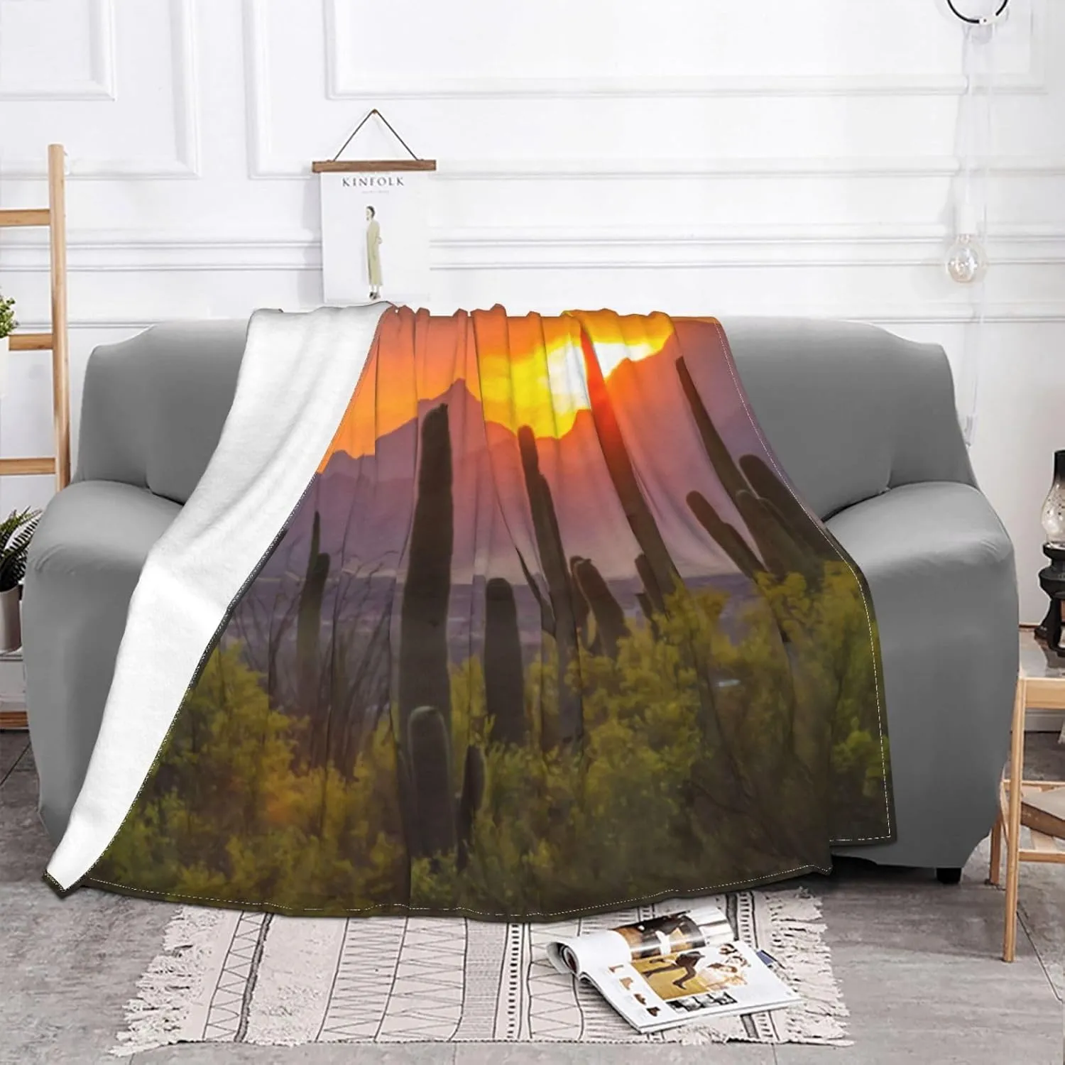 Desert Cactus Sunset, Arizona Light 60"X50" Flannel Blanket - 100% Soft Polyester, Lightweight and Warm, Suitable for Families, Camping, Travel
