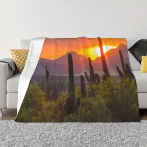 Desert Cactus Sunset, Arizona Light 60"X50" Flannel Blanket - 100% Soft Polyester, Lightweight and Warm, Suitable for Families, Camping, Travel