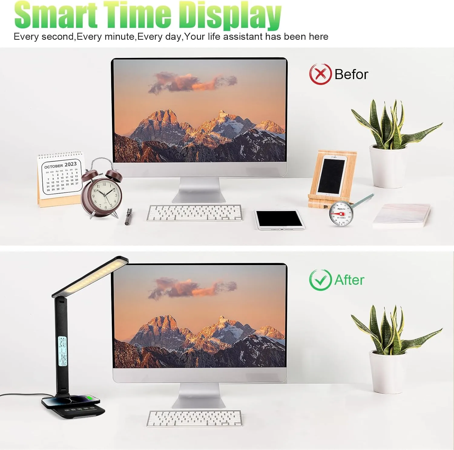 Desk Lamp with Wireless Charger, USB Charging Port, Dimmable Office Desk Light with Clock, Alarm, Date, Temperature, Foldable Lamp for Table Bedroom Bedside Office (Black Pro)