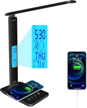 Desk Lamp with Wireless Charger, USB Charging Port, Dimmable Office Desk Light with Clock, Alarm, Date, Temperature, Foldable Lamp for Table Bedroom Bedside Office (Black)