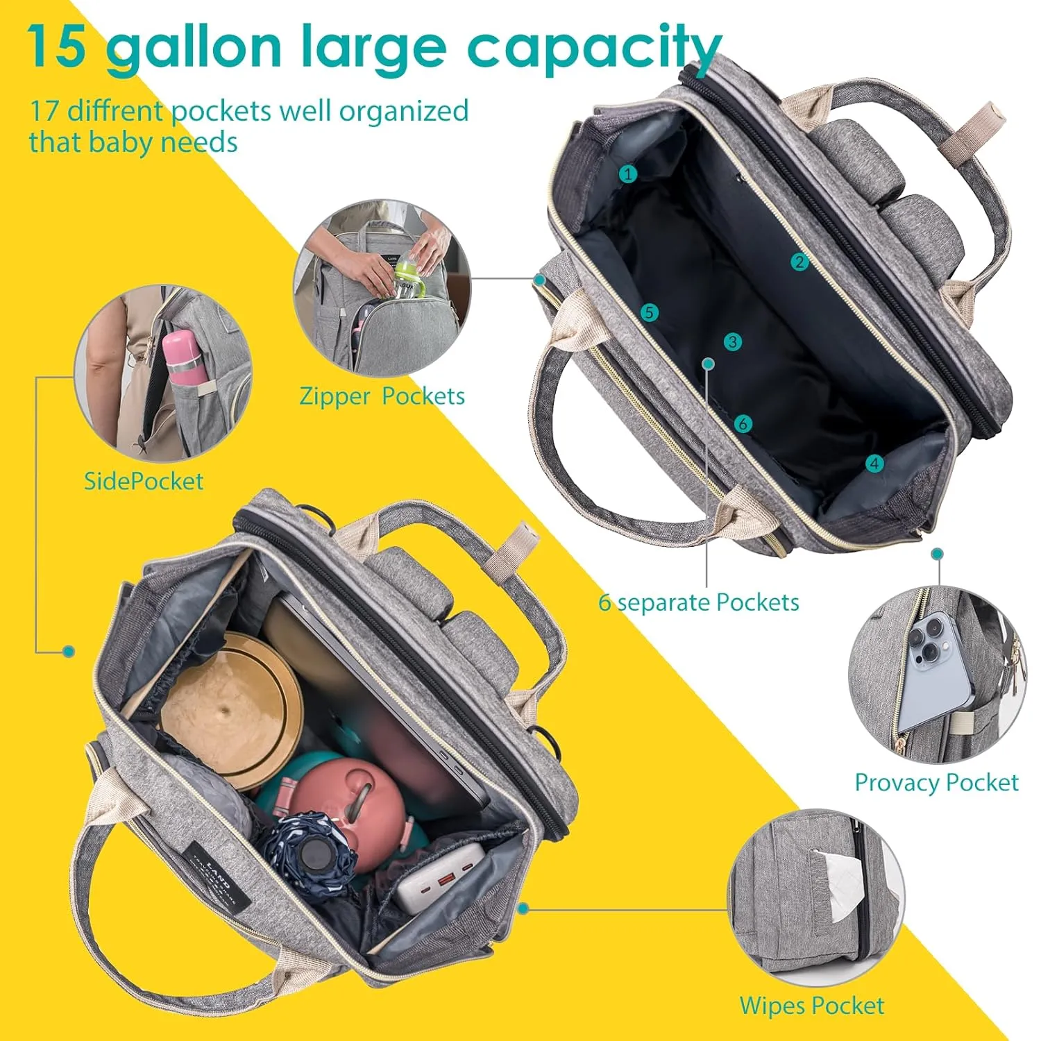 Diaper Bag Backpack, Waterproof Foldable Diaper Bag, Diaper Changing Table Backpack, Essential Diaper Bag Backpack for Traveling with Baby(Large Gray)