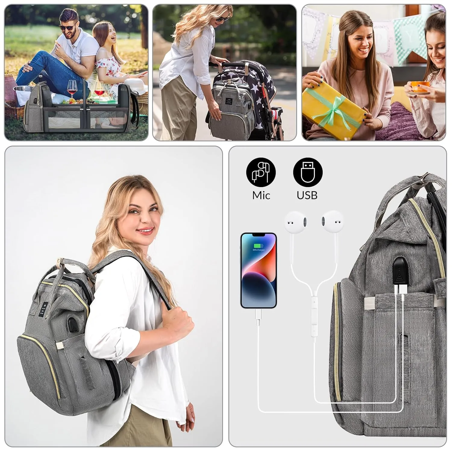 Diaper Bag Backpack, Waterproof Foldable Diaper Bag, Diaper Changing Table Backpack, Essential Diaper Bag Backpack for Traveling with Baby(Large Gray)