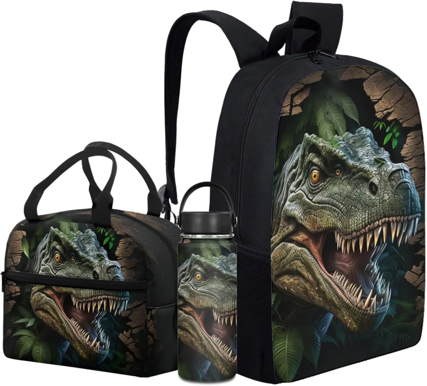 Dinosaur Boys Backpack 3 Pcs Set for Elementary Kids Forest Bookbag with Lunch Box for Age 3-7 Children School Bag with Water Bottle for Child Back to School