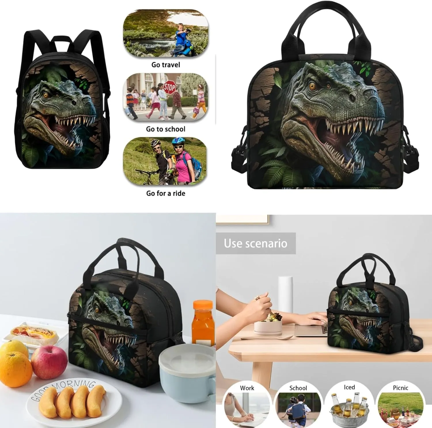 Dinosaur Boys Backpack 3 Pcs Set for Elementary Kids Forest Bookbag with Lunch Box for Age 3-7 Children School Bag with Water Bottle for Child Back to School