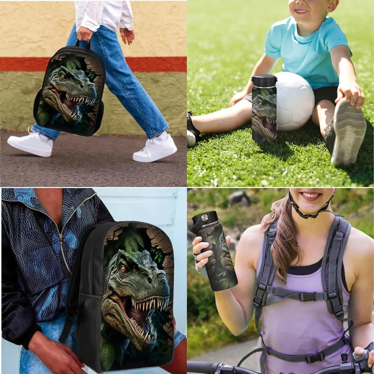 Dinosaur Boys Backpack 3 Pcs Set for Elementary Kids Forest Bookbag with Lunch Box for Age 3-7 Children School Bag with Water Bottle for Child Back to School