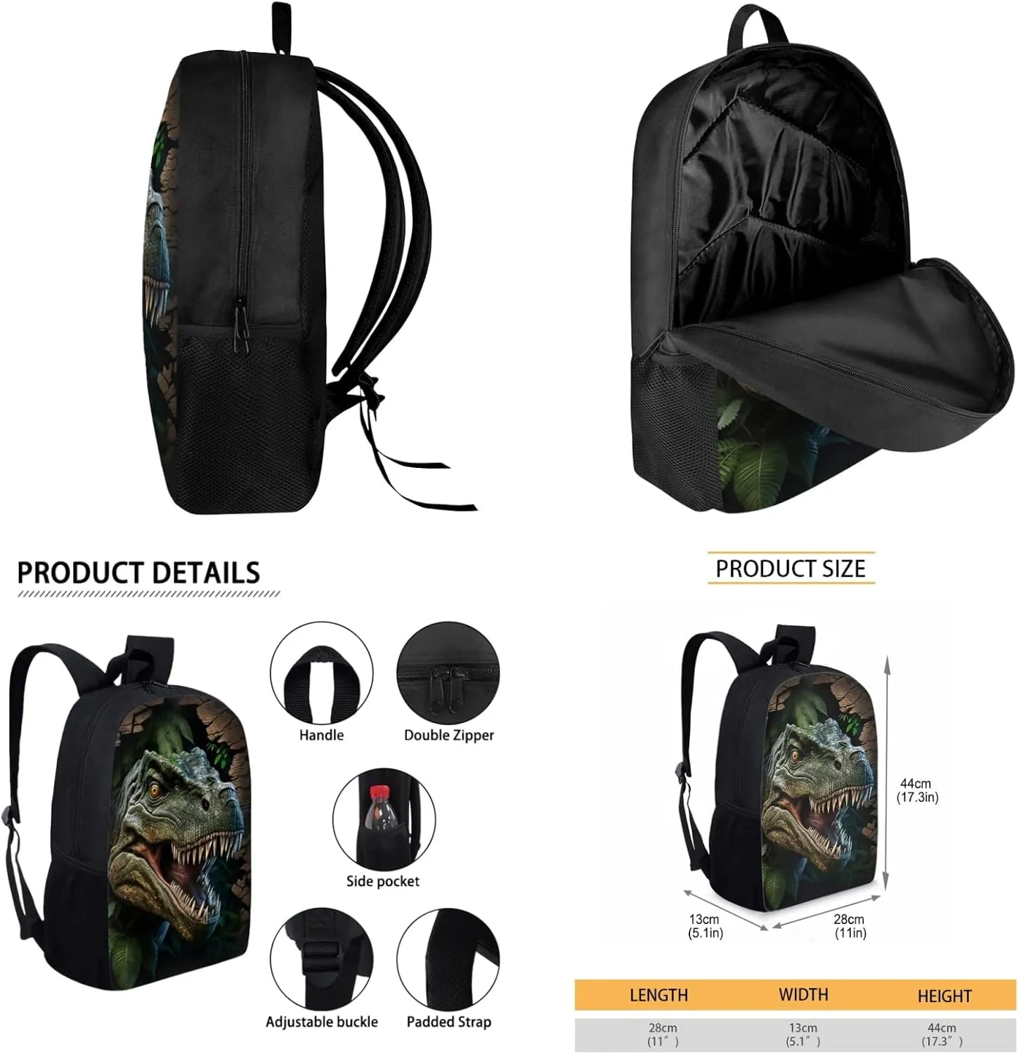 Dinosaur Boys Backpack 3 Pcs Set for Elementary Kids Forest Bookbag with Lunch Box for Age 3-7 Children School Bag with Water Bottle for Child Back to School