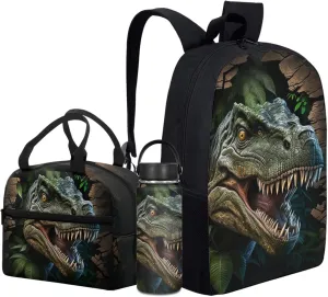 Dinosaur Boys Backpack 3 Pcs Set for Elementary Kids Forest Bookbag with Lunch Box for Age 3-7 Children School Bag with Water Bottle for Child Back to School
