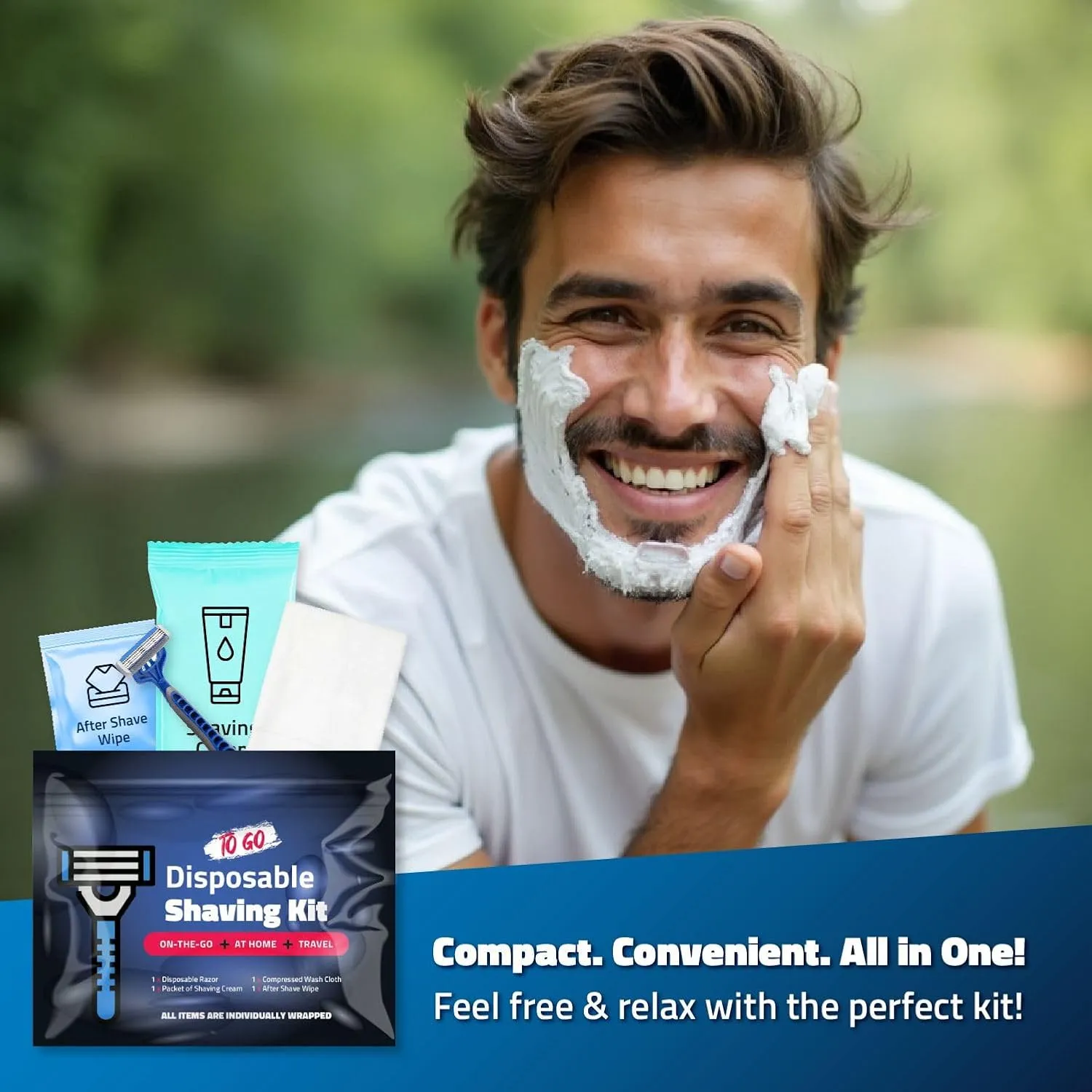 Disposable Compact Shaving Kit (10 Pack) - with Razor, Shaving Cream, Washcloth, and Aftershave Wipe – Travel Ready Grooming Essentials - Perfect Personal Shave Kit or Charity Gift Set (Green)