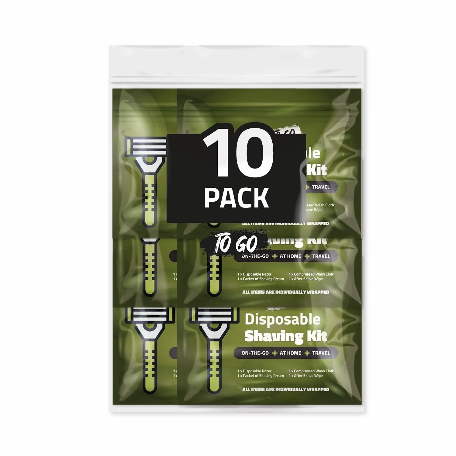 Disposable Compact Shaving Kit (10 Pack) - with Razor, Shaving Cream, Washcloth, and Aftershave Wipe – Travel Ready Grooming Essentials - Perfect Personal Shave Kit or Charity Gift Set (Green)