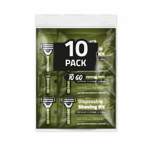 Disposable Compact Shaving Kit (10 Pack) - with Razor, Shaving Cream, Washcloth, and Aftershave Wipe – Travel Ready Grooming Essentials - Perfect Personal Shave Kit or Charity Gift Set (Green)