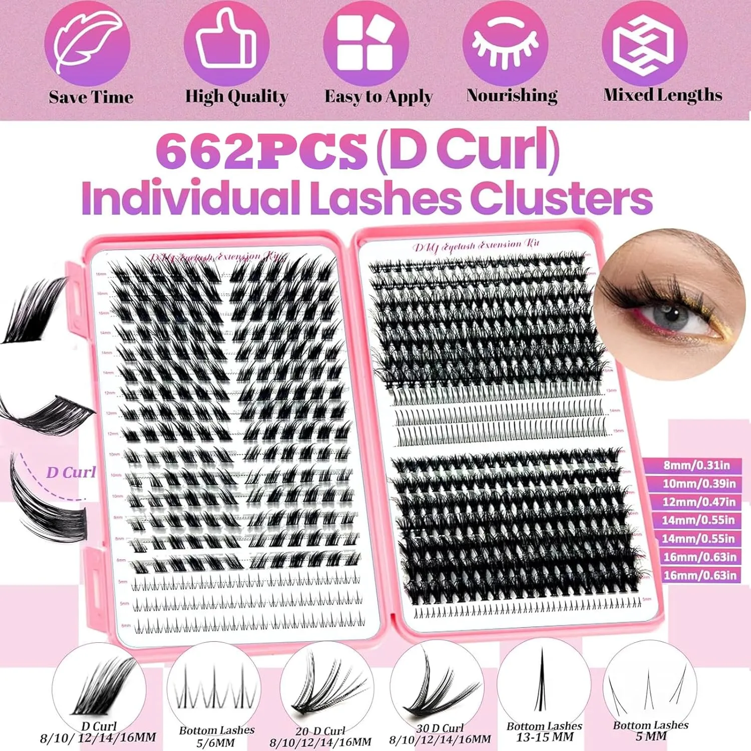 DIY Lash Extension Kit 662pcs Lashes Clusters with Bottom Lashes,1X/2X Magnification Compact Mirror with Light,Lash Bond and Seal,Eyelash Remover Tweezers Applicator Mascara Brush