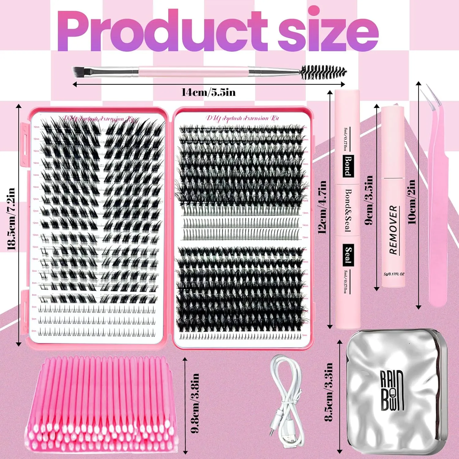 DIY Lash Extension Kit 662pcs Lashes Clusters with Bottom Lashes,1X/2X Magnification Compact Mirror with Light,Lash Bond and Seal,Eyelash Remover Tweezers Applicator Mascara Brush