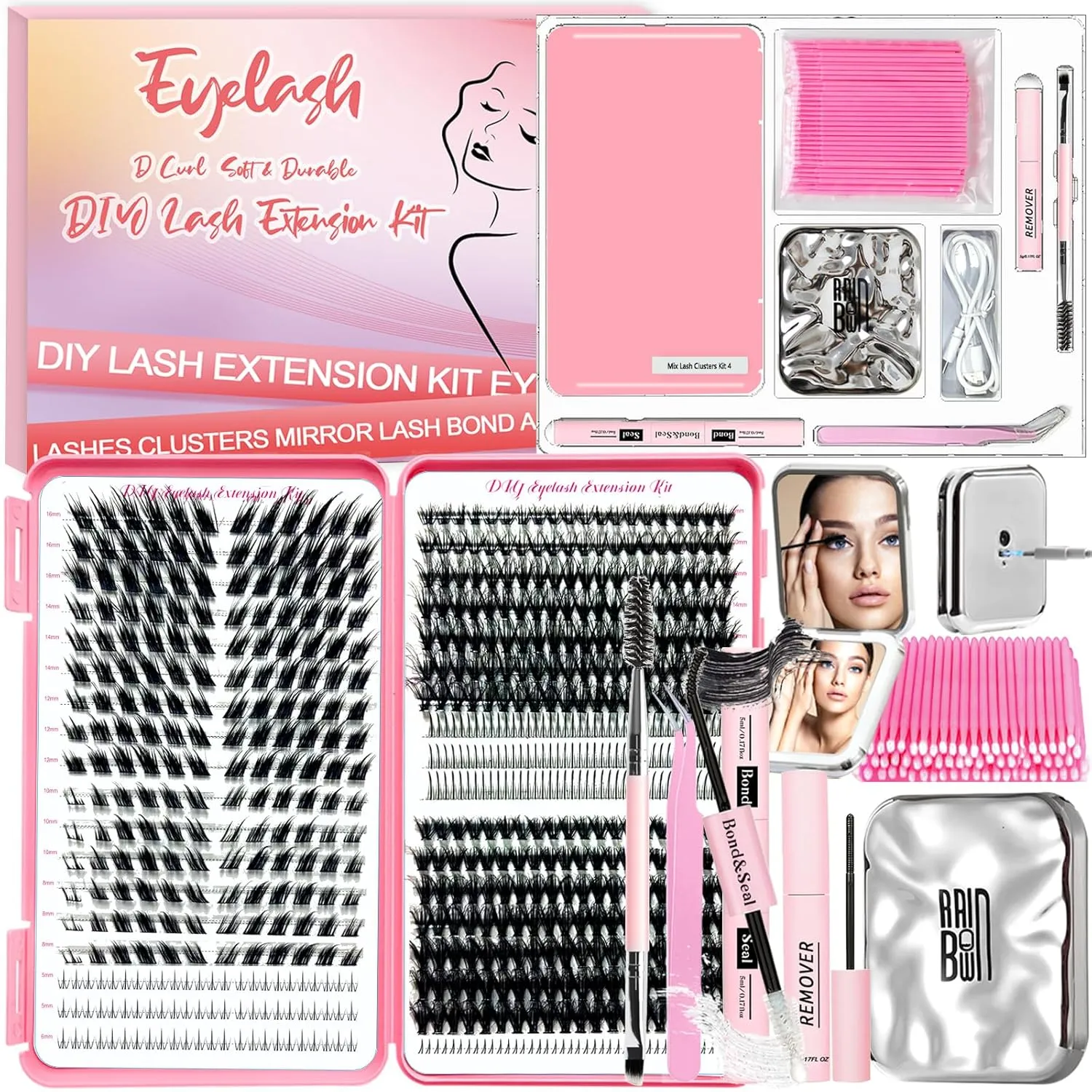 DIY Lash Extension Kit 662pcs Lashes Clusters with Bottom Lashes,1X/2X Magnification Compact Mirror with Light,Lash Bond and Seal,Eyelash Remover Tweezers Applicator Mascara Brush