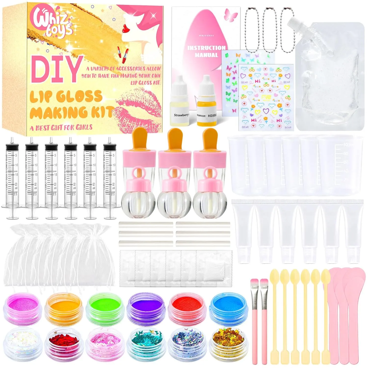 DIY Lip Gloss Making Kit 74 PCS, Yellow Kids Lip Gloss Supplies Set Beginner, Fun Craft Set Moisturizing Base, Gift for Girls, Kids, Teenagers, Women