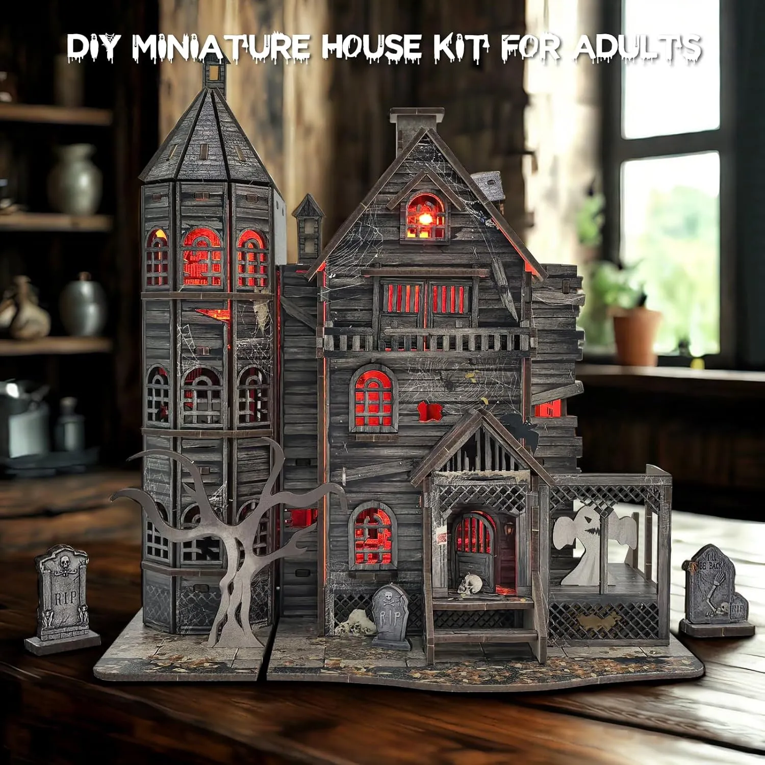 DIY Miniature House Kits for Adults - Haunted House 3D Wooden Puzzle for Teens, Decorative Bookends for Office, Home, Desk, Mini Tiny Dollhouse Kit Ideal for Halloween, Christmas, Friends, Kids, Boys