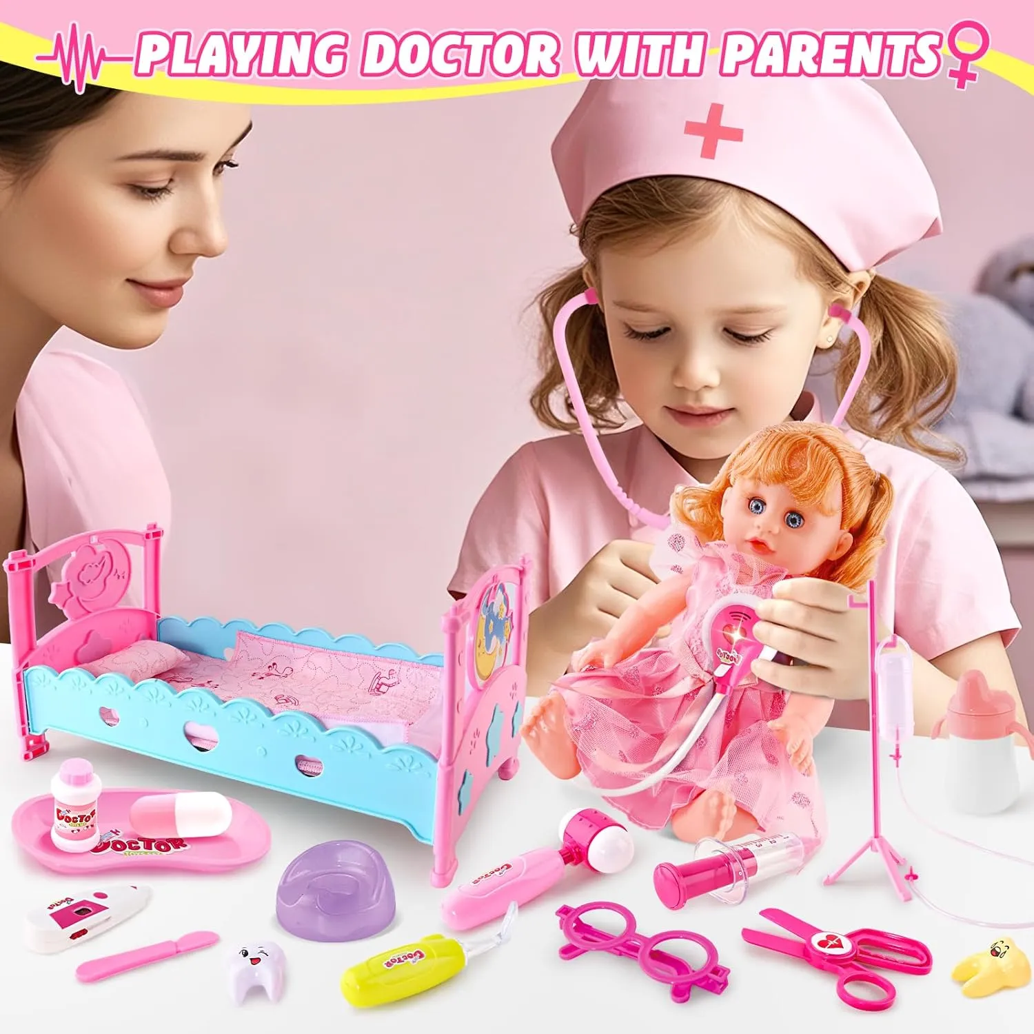 Doctor Kit for Toddlers 3 4 5 Years Old, Kids Playset , Real Stethoscope & Medical Bag, Pretend Play Doctor Set for Girls Boys Christmas and New Year Gifts(Pink)