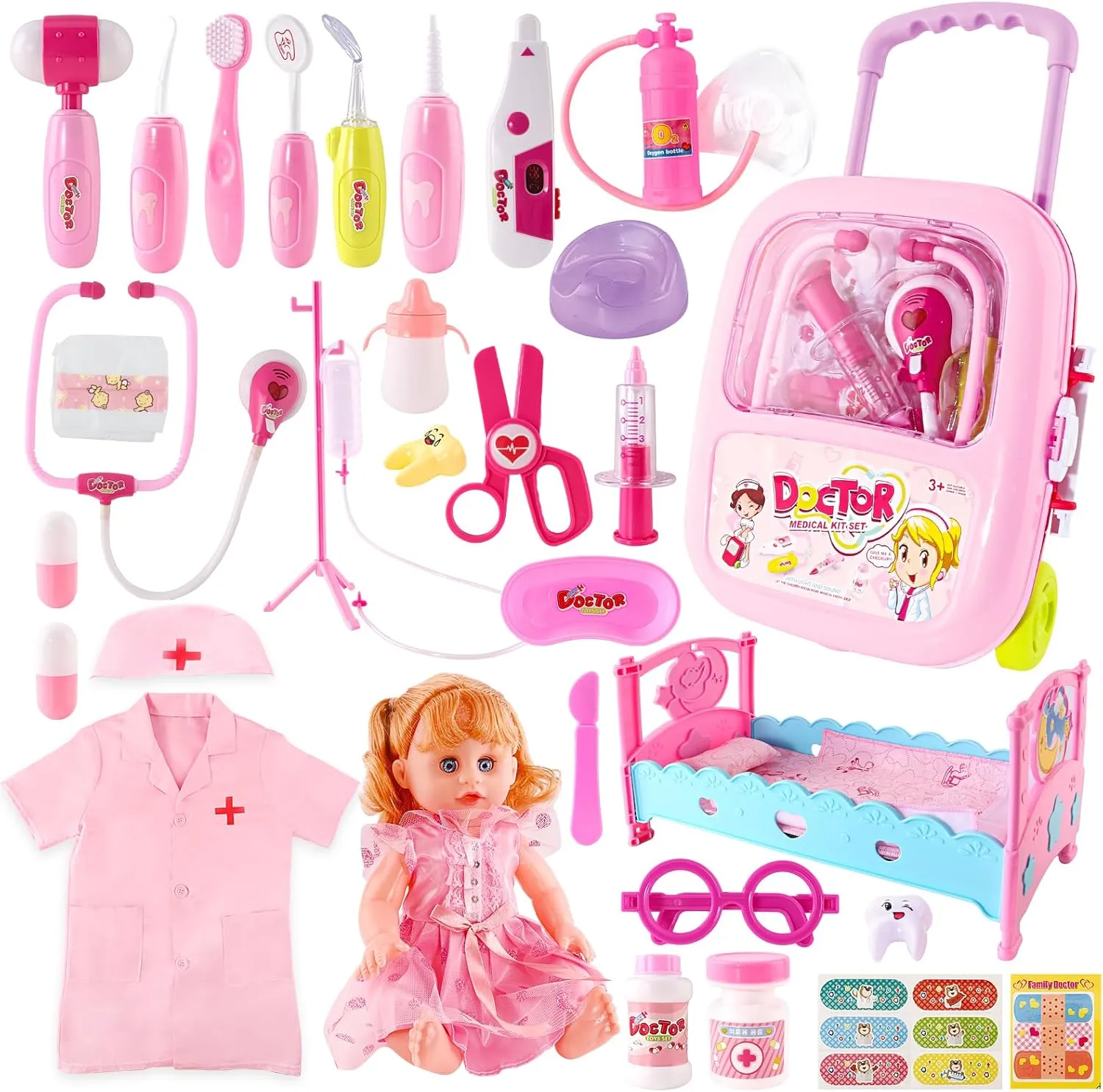 Doctor Kit for Toddlers 3 4 5 Years Old, Kids Playset , Real Stethoscope & Medical Bag, Pretend Play Doctor Set for Girls Boys Christmas and New Year Gifts(Pink)