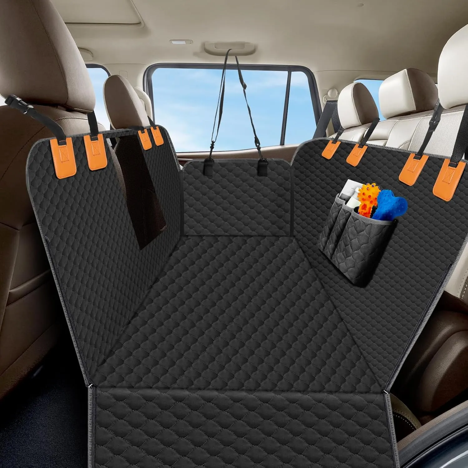 Dog Car Seat Cover for Back Seat, Waterproof Protector with Side Flaps, Scratchproof Hammock, Non-Slip Bottom for Cars/Trucks/SUVs (Black Grey)
