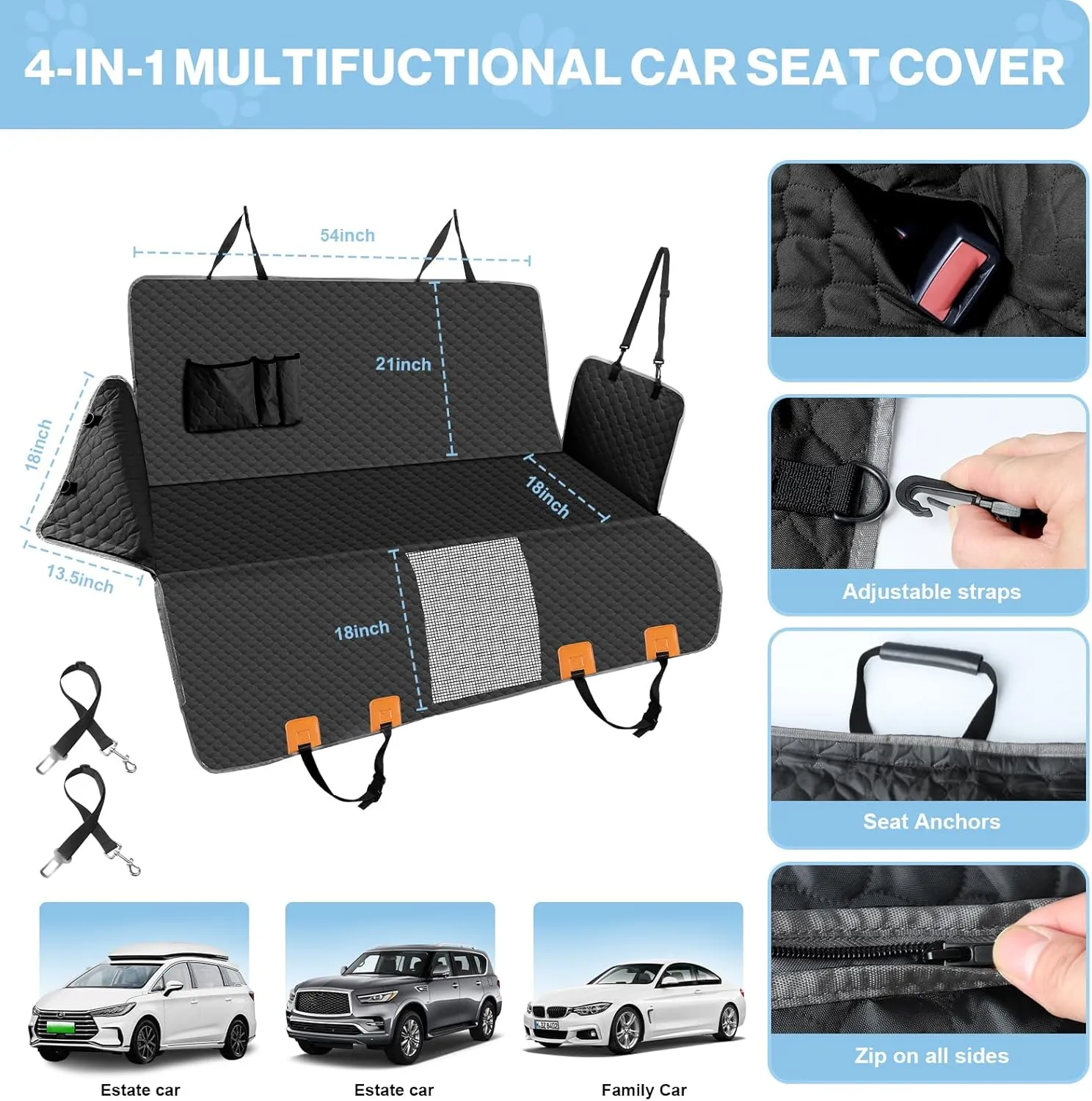 Dog Car Seat Cover for Back Seat, Waterproof Protector with Side Flaps, Scratchproof Hammock, Non-Slip Bottom for Cars/Trucks/SUVs (Black Grey)