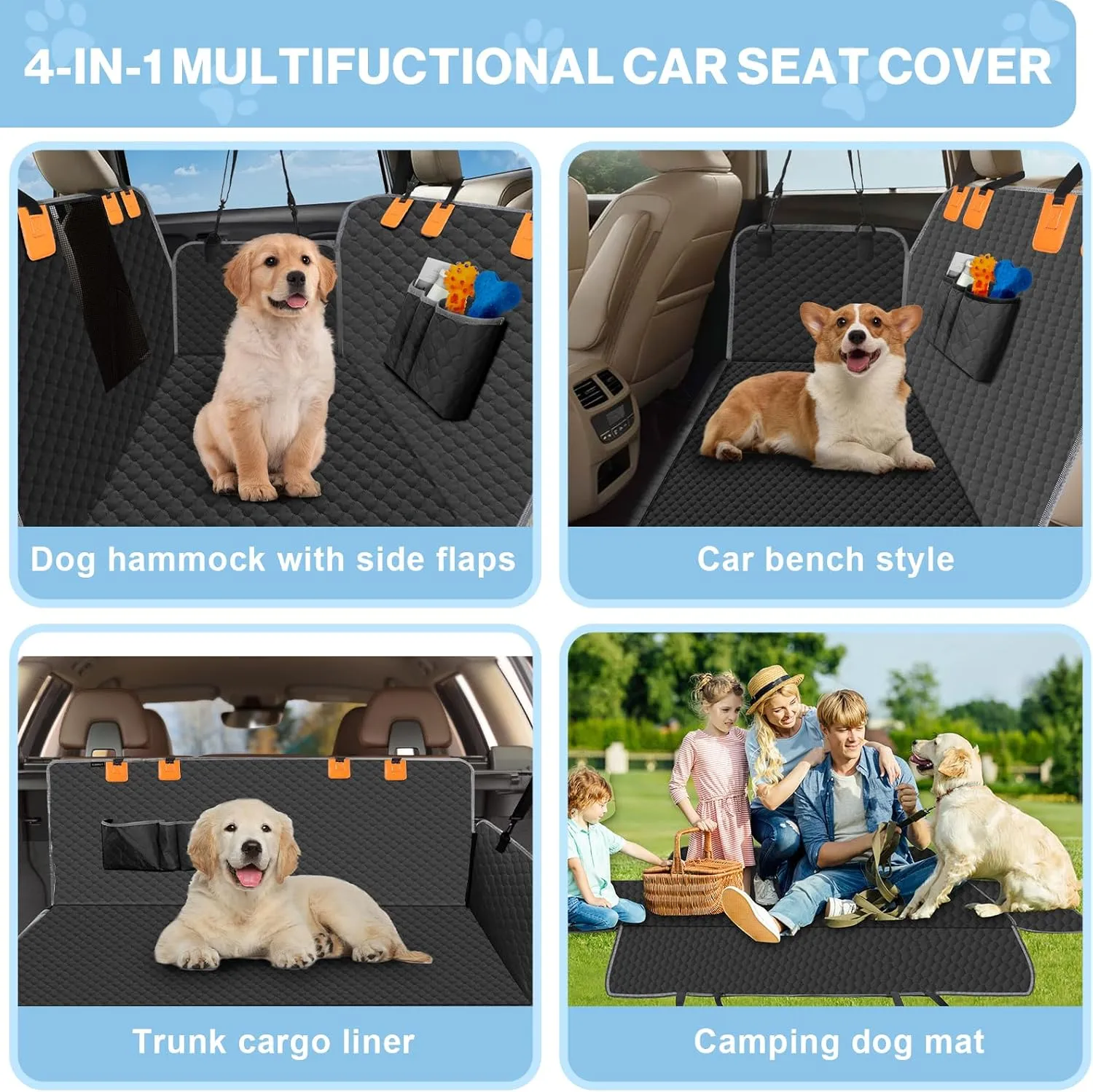 Dog Car Seat Cover for Back Seat, Waterproof Protector with Side Flaps, Scratchproof Hammock, Non-Slip Bottom for Cars/Trucks/SUVs (Black Grey)