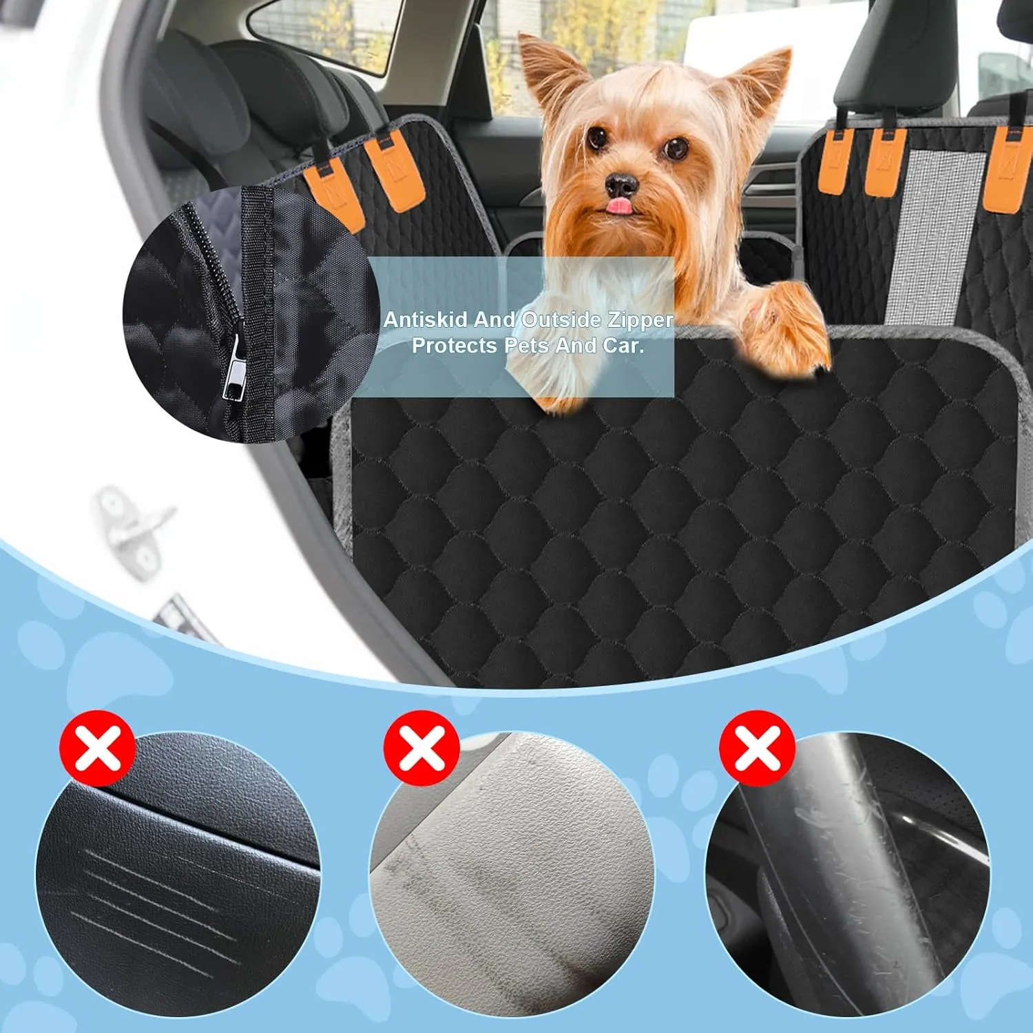 Dog Car Seat Cover for Back Seat, Waterproof Protector with Side Flaps, Scratchproof Hammock, Non-Slip Bottom for Cars/Trucks/SUVs (Black Grey)