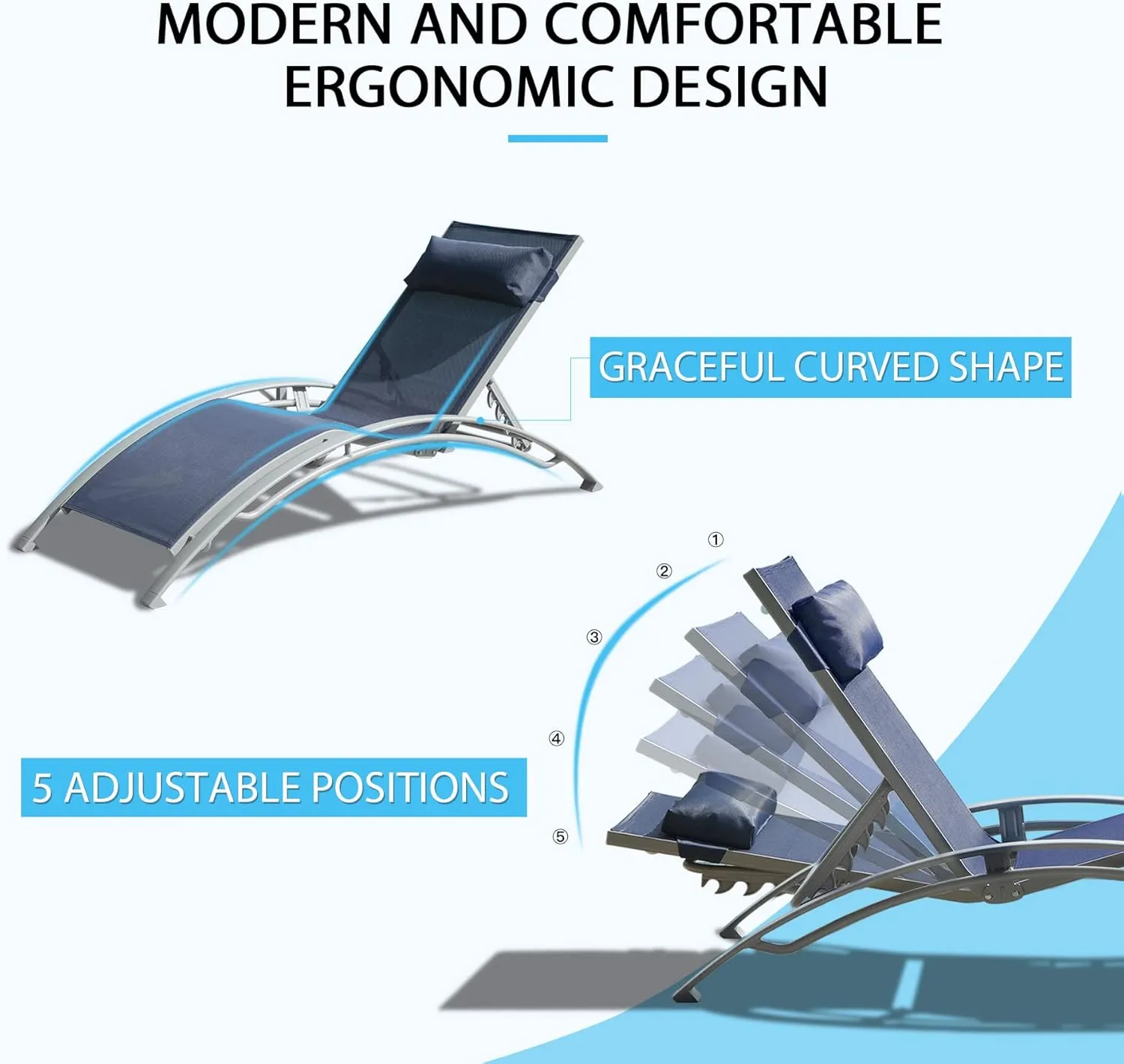 Domi Pool Lounge Chairs Set of 3, Adjustable Aluminum Outdoor Chaise Lounge Chairs with Metal Side Table, All Weather for Deck Lawn Poolside Backyard -Navy Blue Textilene