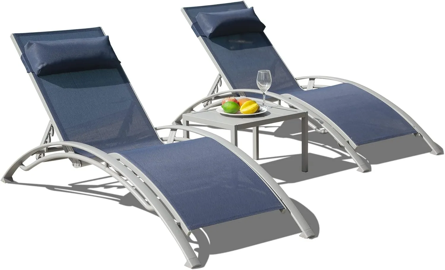 Domi Pool Lounge Chairs Set of 3, Adjustable Aluminum Outdoor Chaise Lounge Chairs with Metal Side Table, All Weather for Deck Lawn Poolside Backyard -Navy Blue Textilene